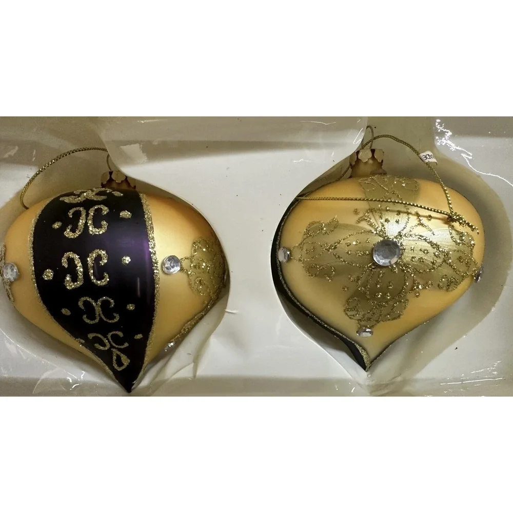 4ct. Vintage Dillards Trimmings Blown Glass Teardrop Ornaments‎ Gold & Purple